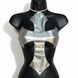 New Medium Silver Metallic Cross Halter Top Shiny Rave Festival Backless Vegan